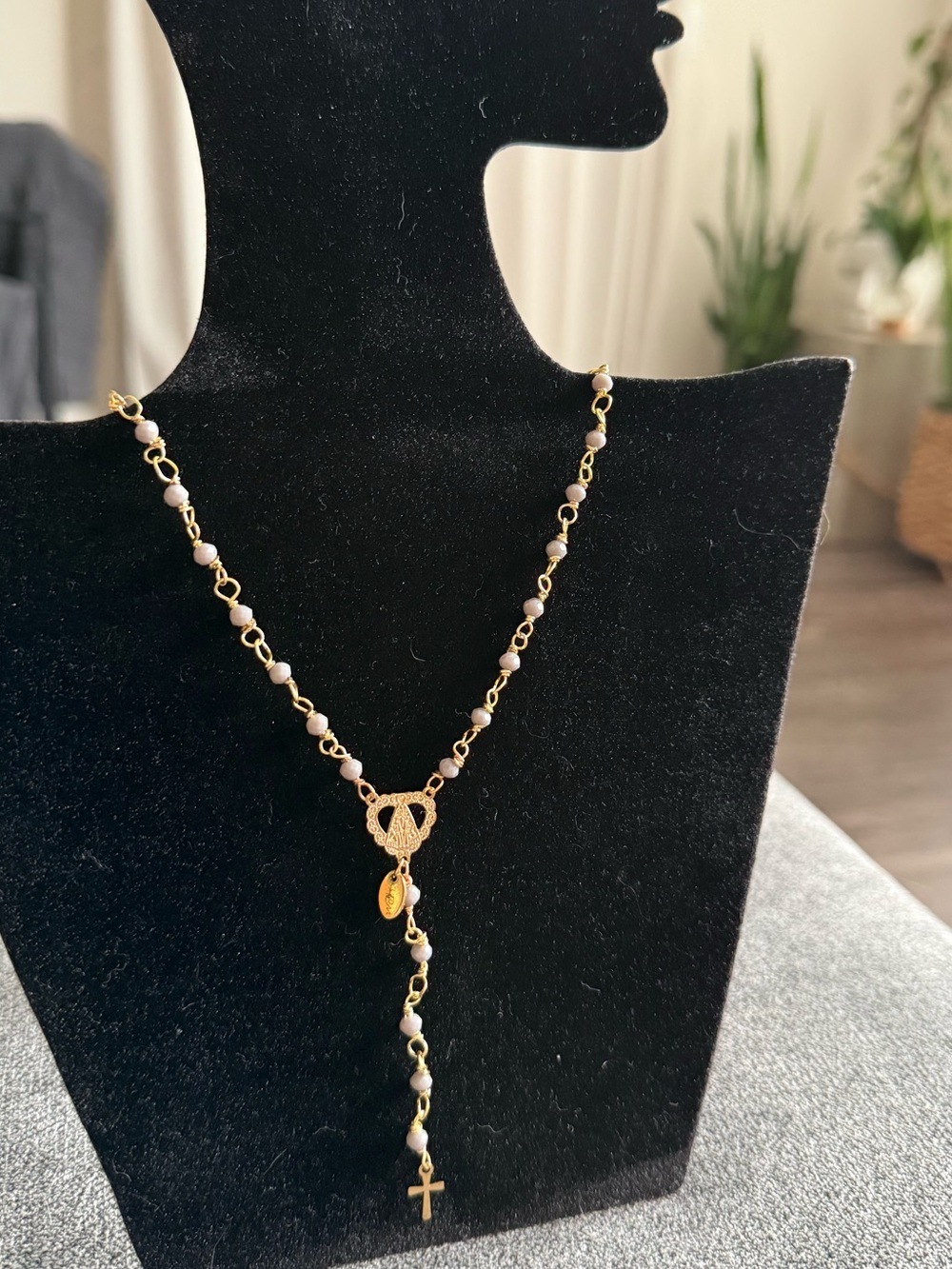 Gold-Tone Religious Pendant Necklace with Pink Beads
